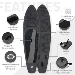 Stand Up Paddle aufblasbares SUP Board Makani 320x80x15 cm in Schwarz us PVC inkl. Pumpe und Tragetasche