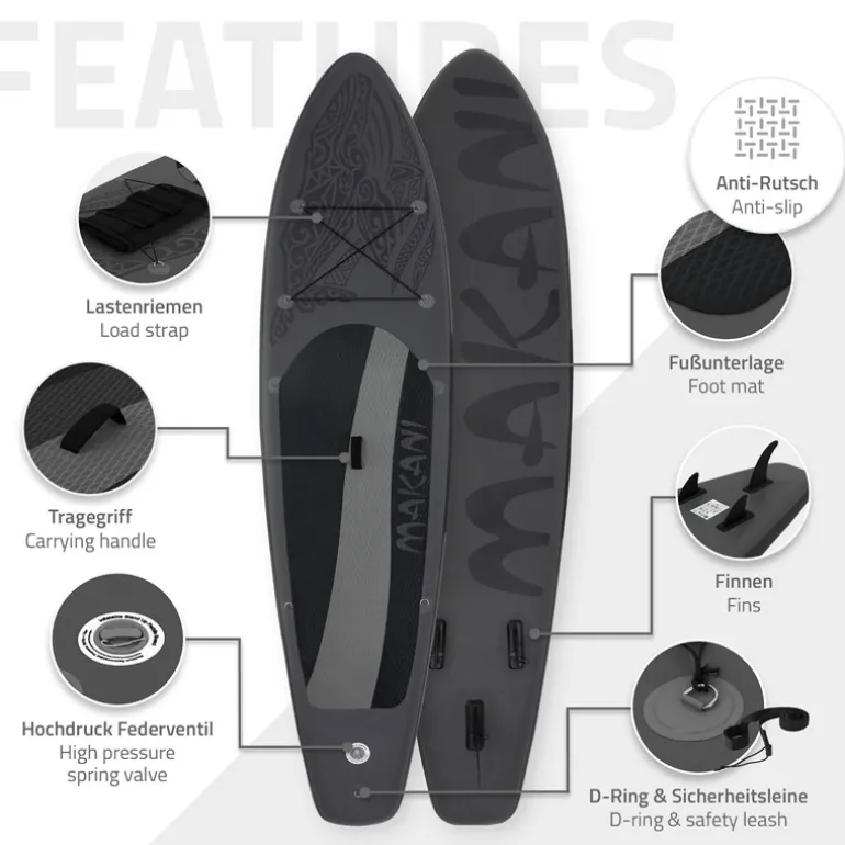 Stand Up Paddle aufblasbares SUP Board Makani 320x80x15 cm in Schwarz us PVC inkl. Pumpe und Tragetasche