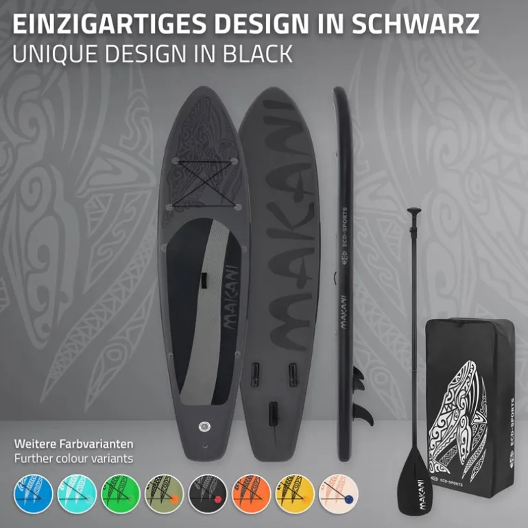 Stand Up Paddle aufblasbares SUP Board Makani 320x80x15 cm in Schwarz us PVC inkl. Pumpe und Tragetasche
