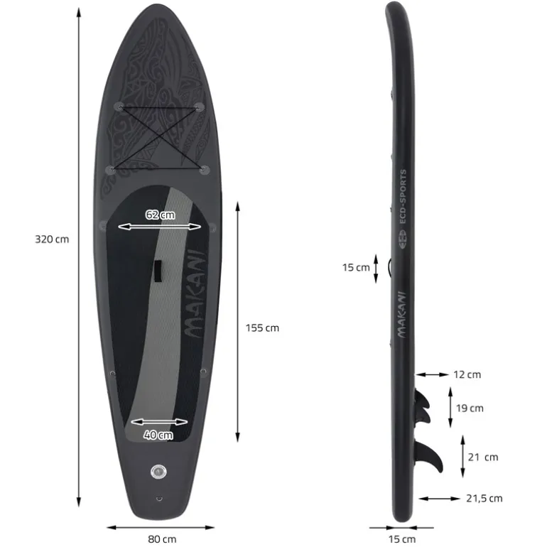 Stand Up Paddle aufblasbares SUP Board Makani 320x80x15 cm in Schwarz us PVC inkl. Pumpe und Tragetasche