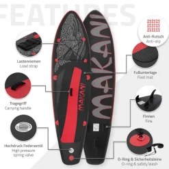 Stand Up Paddle aufblasbares SUP Board Makani 320x80x15 cm in Schwarz/Rot aus PVC inkl. Pumpe und Tragetasche