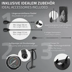 Stand Up Paddle aufblasbares SUP Board Makani 320x80x15 cm in Schwarz/Rot aus PVC inkl. Pumpe und Tragetasche