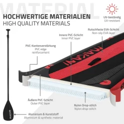 Stand Up Paddle aufblasbares SUP Board Makani 320x80x15 cm in Schwarz/Rot aus PVC inkl. Pumpe und Tragetasche