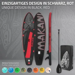 Stand Up Paddle aufblasbares SUP Board Makani 320x80x15 cm in Schwarz/Rot aus PVC inkl. Pumpe und Tragetasche