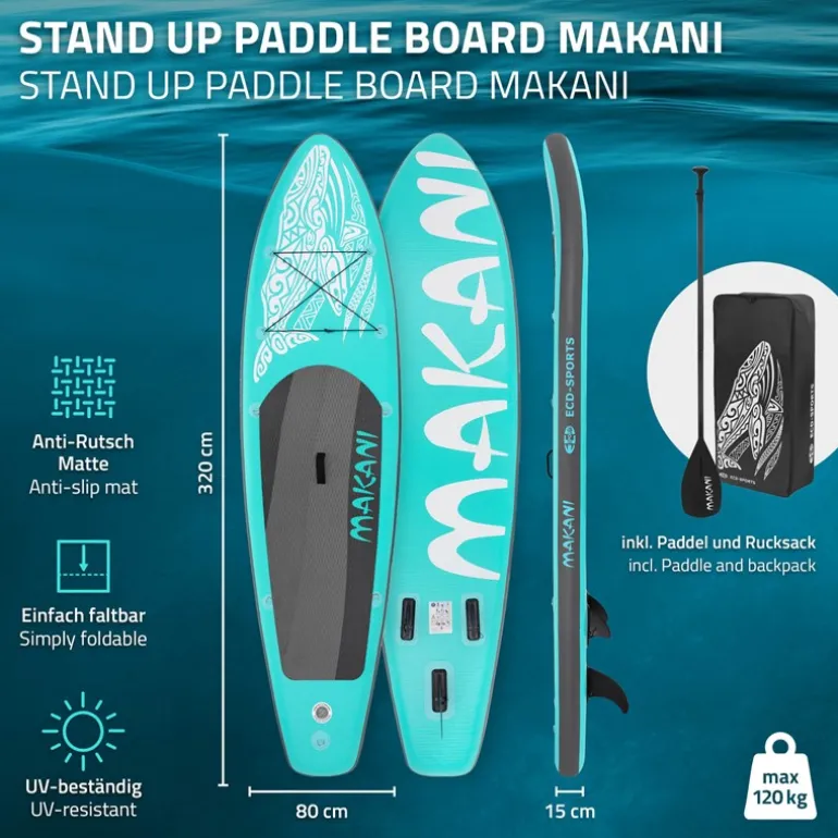 Stand Up Paddle aufblasbares SUP Board Makani 320x80x15 cm in Türkis aus PVC inkl. Pumpe und Tragetasche