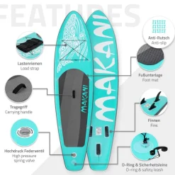 Stand Up Paddle aufblasbares SUP Board Makani 320x80x15 cm in Türkis aus PVC inkl. Pumpe und Tragetasche