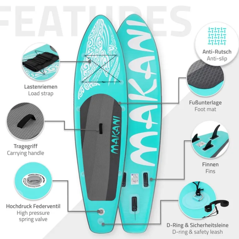 Stand Up Paddle aufblasbares SUP Board Makani 320x80x15 cm in Türkis aus PVC inkl. Pumpe und Tragetasche