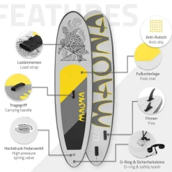 Stand Up Paddle aufblasbares SUP Board Maona 308x76x10 cm in Grau aus PVC inkl. Pumpe und Tragetasche