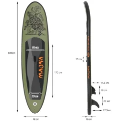 Stand Up Paddle aufblasbares SUP Board Maona 308x76x10 cm in Olive aus PVC inkl. Pumpe und Tragetasche