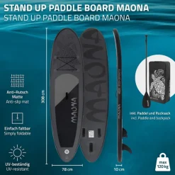Stand Up Paddle aufblasbares SUP Board Maona 308x76x10 cm in Schwarz aus PVC inkl. Pumpe und Tragetasche