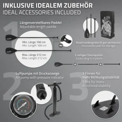 Stand Up Paddle aufblasbares SUP Board Maona 308x76x10 cm in Schwarz aus PVC inkl. Pumpe und Tragetasche