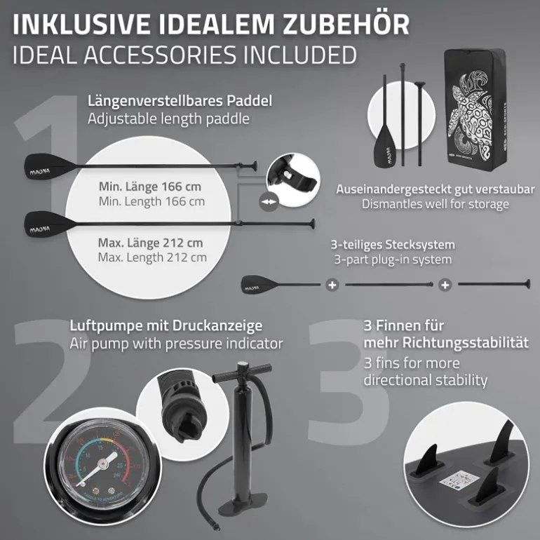 Stand Up Paddle aufblasbares SUP Board Maona 308x76x10 cm in Schwarz aus PVC inkl. Pumpe und Tragetasche