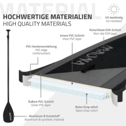 Stand Up Paddle aufblasbares SUP Board Maona 308x76x10 cm in Schwarz aus PVC inkl. Pumpe und Tragetasche