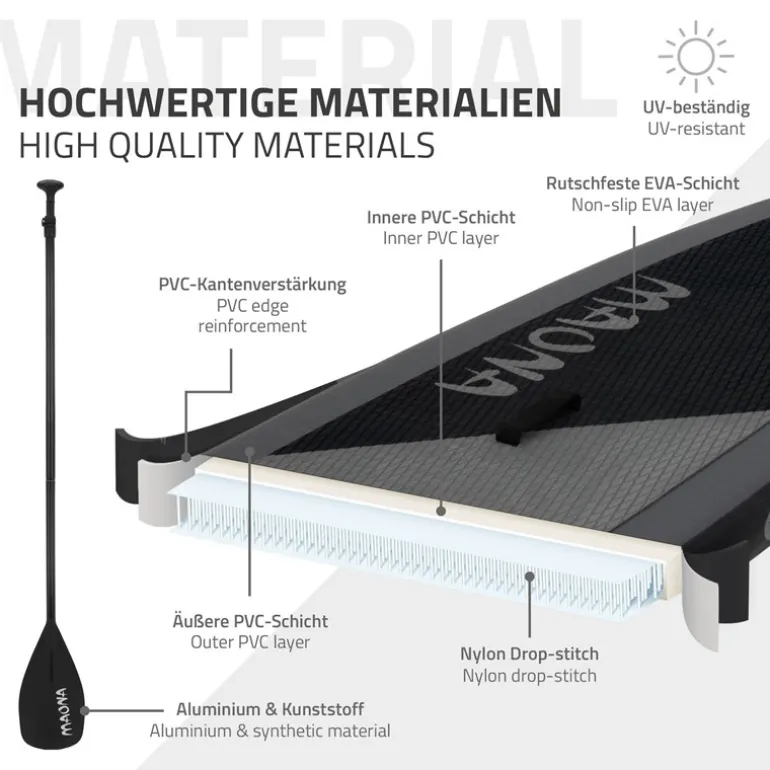 Stand Up Paddle aufblasbares SUP Board Maona 308x76x10 cm in Schwarz aus PVC inkl. Pumpe und Tragetasche