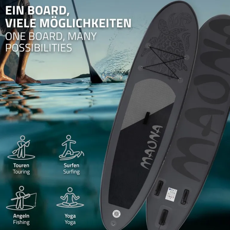 Stand Up Paddle aufblasbares SUP Board Maona 308x76x10 cm in Schwarz aus PVC inkl. Pumpe und Tragetasche