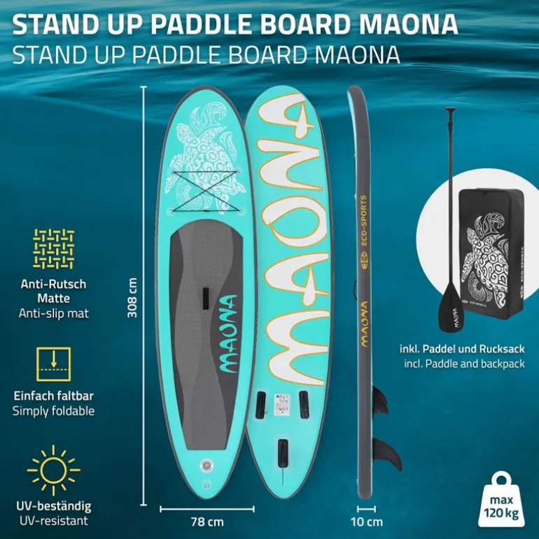 Stand Up Paddle aufblasbares SUP Board Maona 308x76x10 cm in Türkis aus PVC inkl. Pumpe und Tragetasche