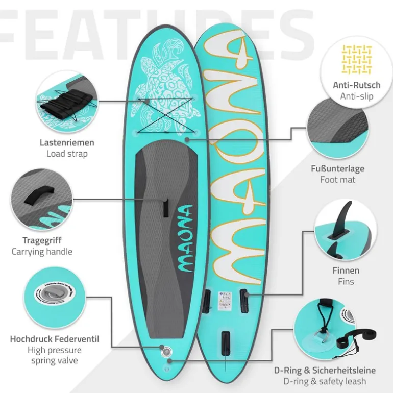 Stand Up Paddle aufblasbares SUP Board Maona 308x76x10 cm in Türkis aus PVC inkl. Pumpe und Tragetasche