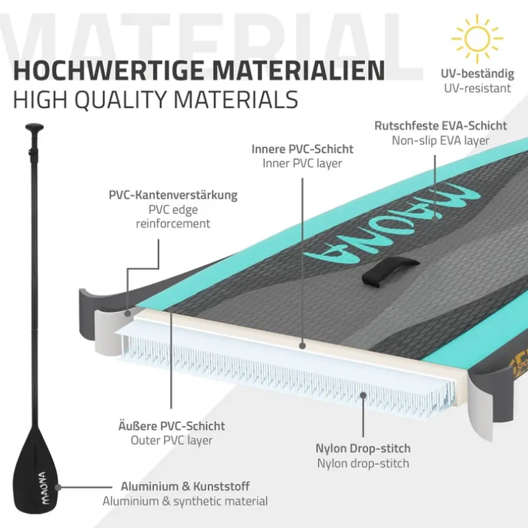 Stand Up Paddle aufblasbares SUP Board Maona 308x76x10 cm in Türkis aus PVC inkl. Pumpe und Tragetasche