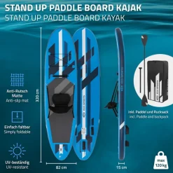 Stand Up Paddle aufblasbares SUP Board mit Kajak Sitz 320x82x15 cm in Blau aus PVC inkl. Pumpe und Tragetasche