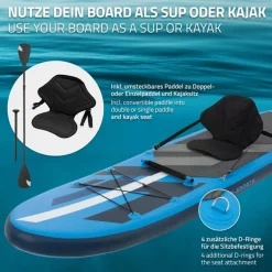 Stand Up Paddle aufblasbares SUP Board mit Kajak Sitz 320x82x15 cm in Blau aus PVC inkl. Pumpe und Tragetasche