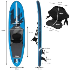 Stand Up Paddle aufblasbares SUP Board mit Kajak Sitz 320x82x15 cm in Blau aus PVC inkl. Pumpe und Tragetasche