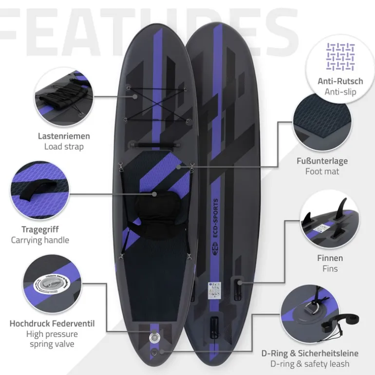 Stand Up Paddle aufblasbares SUP Board mit Kajak Sitz 320x82x15 cm in Schwarz aus PVC inkl. Pumpe und Tragetasche