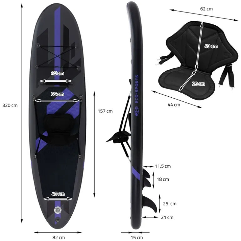 Stand Up Paddle aufblasbares SUP Board mit Kajak Sitz 320x82x15 cm in Schwarz aus PVC inkl. Pumpe und Tragetasche