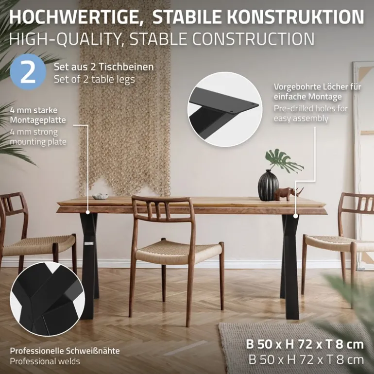 2 Stück Tischbeine B50xH72 cm Tischkufen X-Form Stahl pulverbeschichtet Schwarz ML-Design