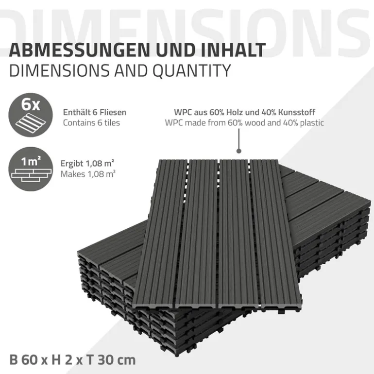 Terrassenfliesen 60x30 cm 6er Set für 1m² Anthrazit aus WPC
