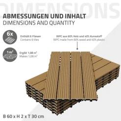 Terrassenfliesen 60x30 cm 6er Set für 1m² Teak aus WPC