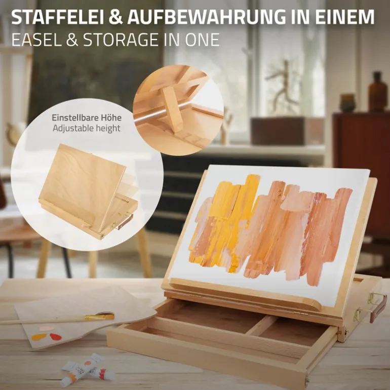 Tischstaffelei mit Schublade und Mischpalette Natur aus Holz