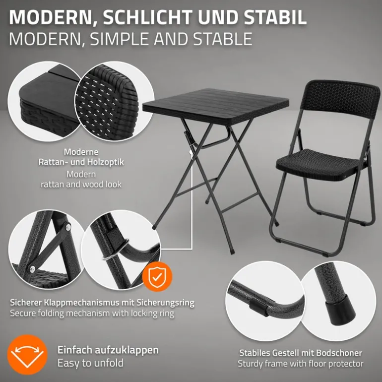 3tlg. Balkonmöbel Set klappbar, Schwarz, Stahl & Rattan-Optik, Gartenmöbel
