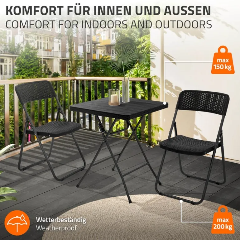 3tlg. Balkonmöbel Set klappbar, Schwarz, Stahl & Rattan-Optik, Gartenmöbel
