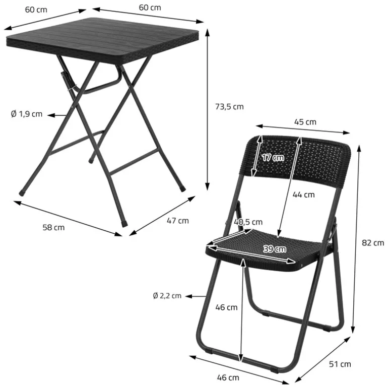 3tlg. Balkonmöbel Set klappbar, Schwarz, Stahl & Rattan-Optik, Gartenmöbel