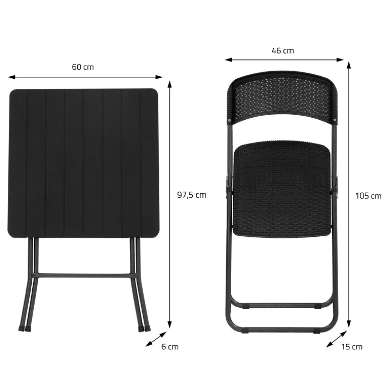 3tlg. Balkonmöbel Set klappbar, Schwarz, Stahl & Rattan-Optik, Gartenmöbel
