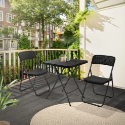 3tlg. Balkonmöbel Set klappbar, Schwarz, Stahl & Rattan-Optik, Gartenmöbel