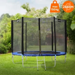 Trampolin Ø244 cm mit Sicherheitsnetz, Leiter und gepolsterten Stangen Blau bis 150kg HAUKI