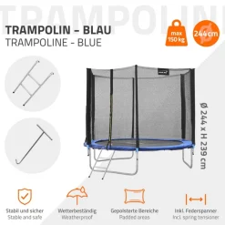 Trampolin Ø244 cm mit Sicherheitsnetz, Leiter und gepolsterten Stangen Blau bis 150kg HAUKI