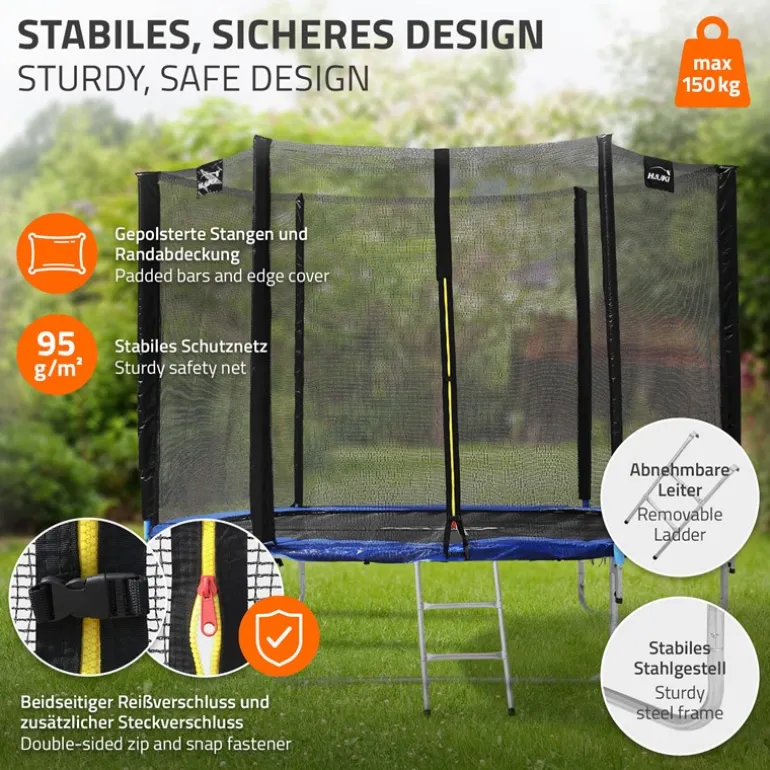 Trampolin Ø244 cm mit Sicherheitsnetz, Leiter und gepolsterten Stangen Blau bis 150kg HAUKI