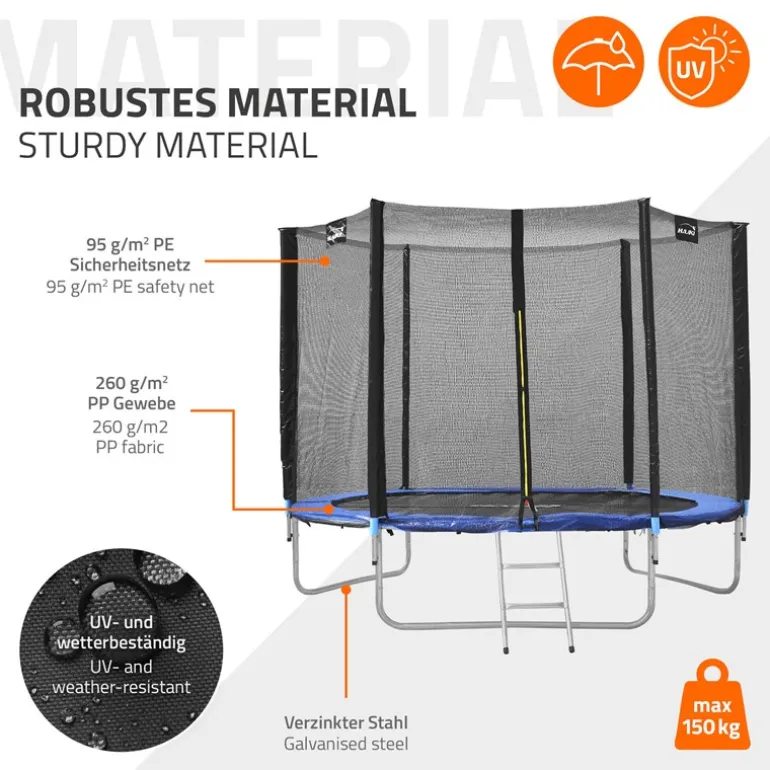 Trampolin Ø244 cm mit Sicherheitsnetz, Leiter und gepolsterten Stangen Blau bis 150kg HAUKI
