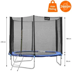 Trampolin Ø244 cm mit Sicherheitsnetz, Leiter und gepolsterten Stangen Blau bis 150kg HAUKI