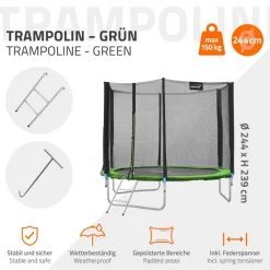 Trampolin Ø244 cm mit Sicherheitsnetz, Leiter und gepolsterten Stangen Grün bis 150kg HAUKI