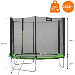 Trampolin Ø244 cm mit Sicherheitsnetz, Leiter und gepolsterten Stangen Grün bis 150kg HAUKI