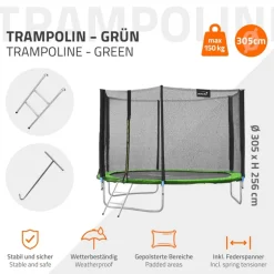 Trampolin Ø305 cm mit Sicherheitsnetz, Leiter und gepolsterten Stangen Grün bis 150kg HAUKI