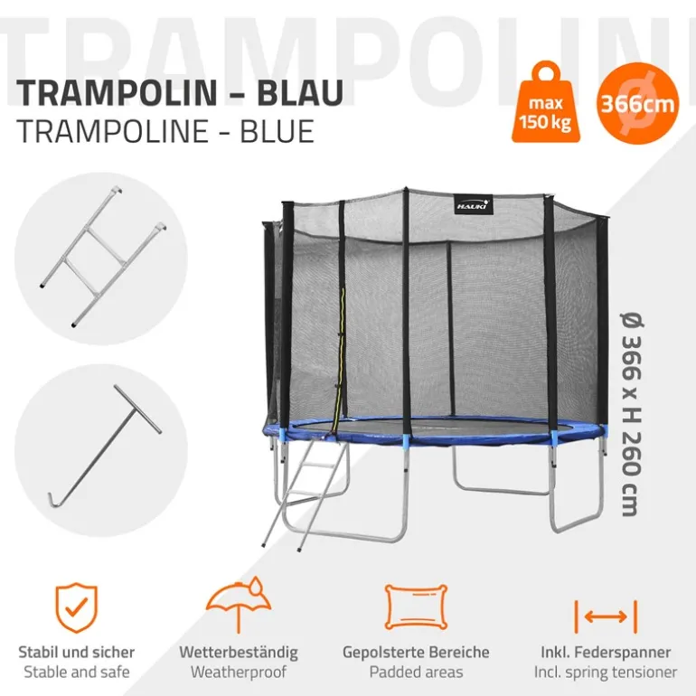 Trampolin Ø366 cm mit Sicherheitsnetz, Leiter und gepolsterten Stangen Blau bis 150kg HAUKI