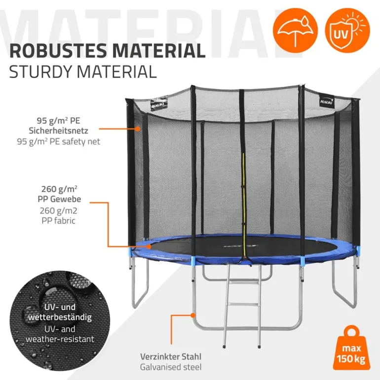 Trampolin Ø366 cm mit Sicherheitsnetz, Leiter und gepolsterten Stangen Blau bis 150kg HAUKI