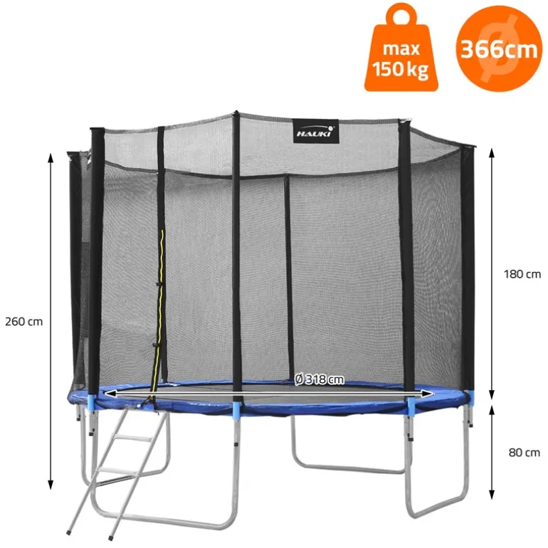 Trampolin Ø366 cm mit Sicherheitsnetz, Leiter und gepolsterten Stangen Blau bis 150kg HAUKI