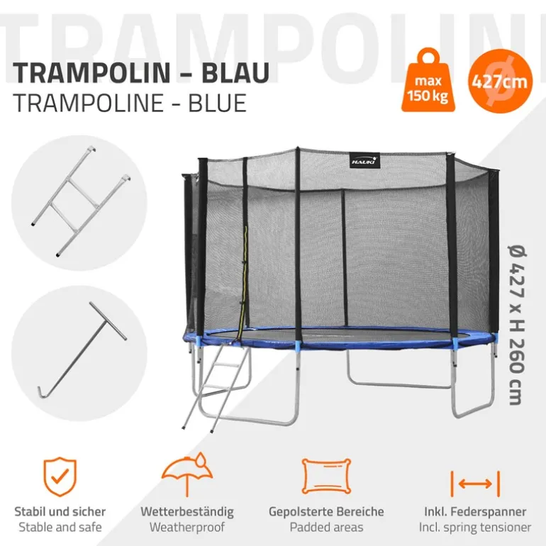 Trampolin Ø427 cm mit Sicherheitsnetz, Leiter und gepolsterten Stangen Blau bis 150kg HAUKI