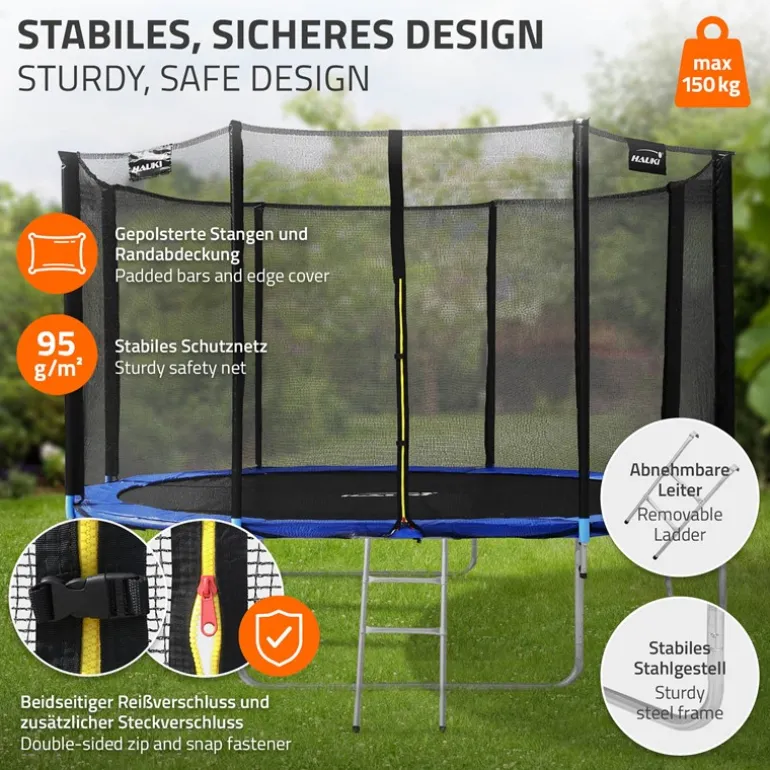Trampolin Ø427 cm mit Sicherheitsnetz, Leiter und gepolsterten Stangen Blau bis 150kg HAUKI