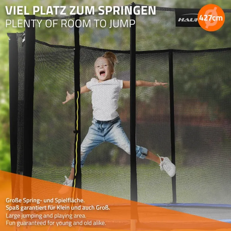 Trampolin Ø427 cm mit Sicherheitsnetz, Leiter und gepolsterten Stangen Blau bis 150kg HAUKI